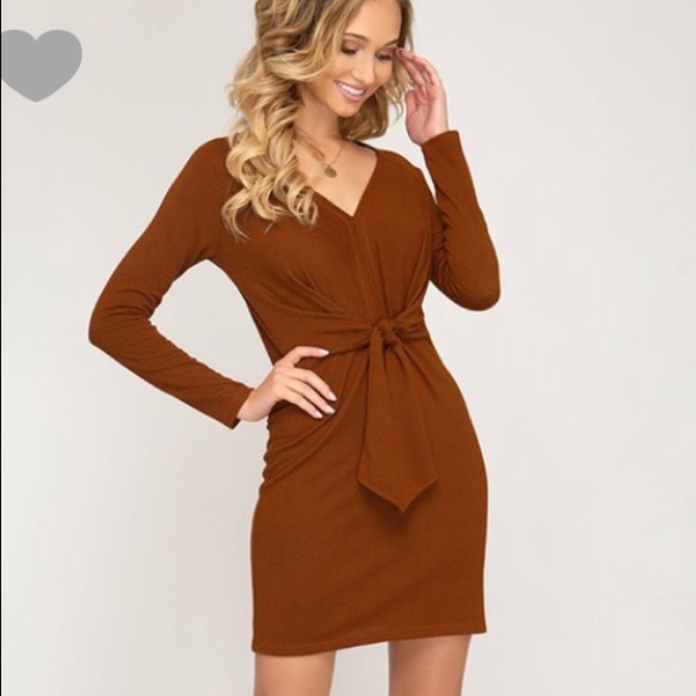 Elegant Burnt Orange Long Sleeve Dress Size M